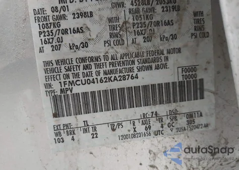 2002 Ford Escape Xlt from USA, damaged, VIN 1FMCU04162KA28764